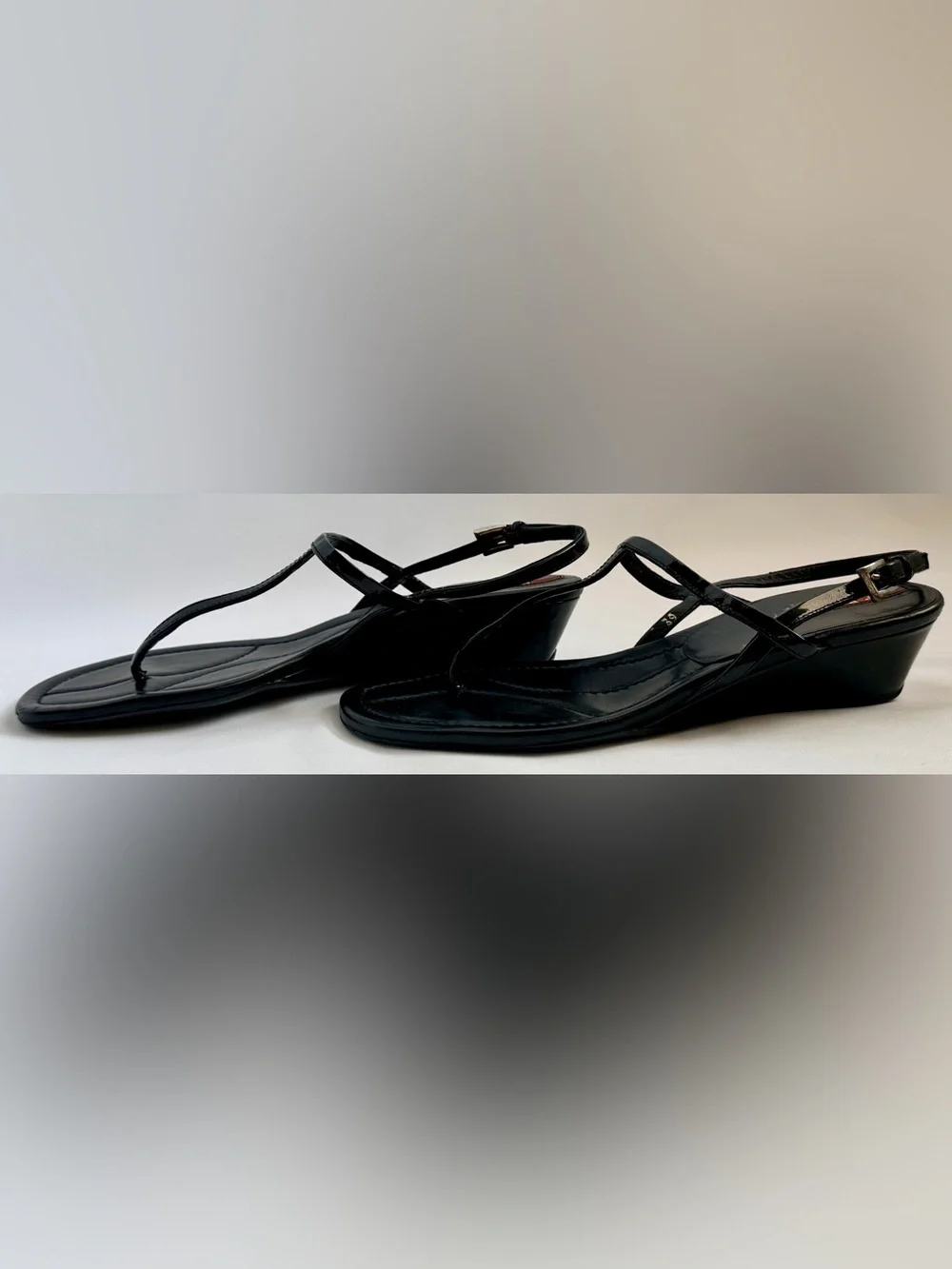 Prada Linea Rossa Vintage Y2K Black Patent Leather T-Strap Wedge Sandals 39 US 8